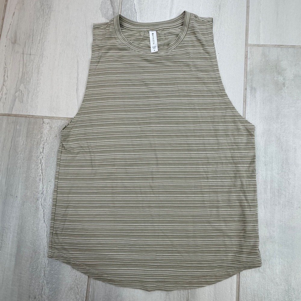 Athleta Women Olive Green White Striped Muscle Tank Top S 657799-00 Crew Neck